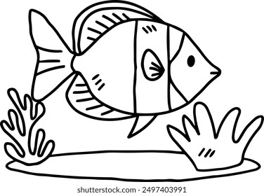 A fish is swimming in the water. The fish is black and white