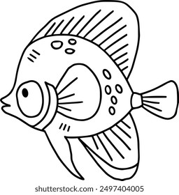 A fish is swimming in the water. The fish is black and white