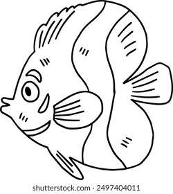 A fish is swimming in the water. The fish is black and white