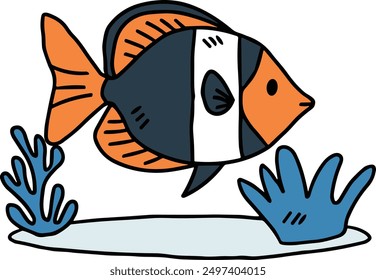 A fish is swimming in the water. The fish is black and white