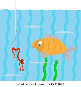 fish swims. looking at a worm on a hook. the worm pretends to be dead. vector illustration of cartoon