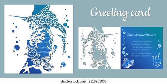 Fish, swordfish, turtle. Fauna with marine animals. Template for making a postcard. Vector image for laser cutting, plotter printing and scrapbooking....