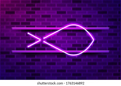 Fish, a symbol of Christianity glowing neon sign or LED strip light. Realistic vector illustration. Purple brick wall, violet glow, metal holders.