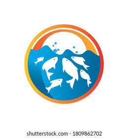Fish symbol design template for fish merchant or seafood restaurant. Flat design a group of fish swim in a blue water. Vector illustration EPS.8 EPS.10