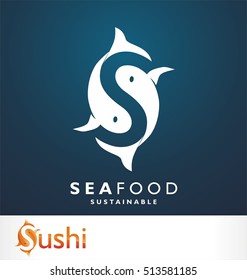 Fish symbol. Fresh seafood logo template design. Vector illustration. S logo. Letter S like fish symbol. Squid. Calamari. Clam. Crab. Shrimp. Lobster. Tuna. Salmon. Seafood restaurant.