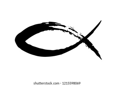 Símbolo de pescado pintado con pincel de tinta, emblema religioso cristiano aislado en fondo blanco. Ilustración vectorial.