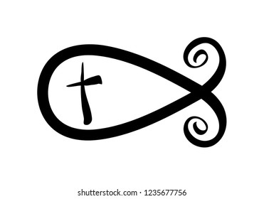 Fish symbol hand painted with ink brush, christian religious faith emblem isolated on white background. Vector illustration.