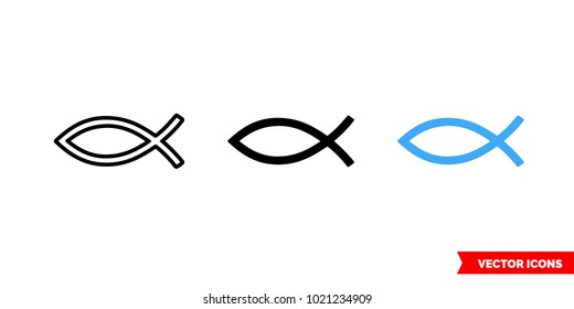 Fish symbol icon of 3 types: color, black and white, outline. Isolated vector sign symbol.
