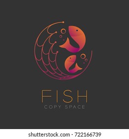 Fish symbol icon and fishing net, air bubble set orange violet gradient color design illustration isolated on dark background with Fish text and copy space, vector eps10