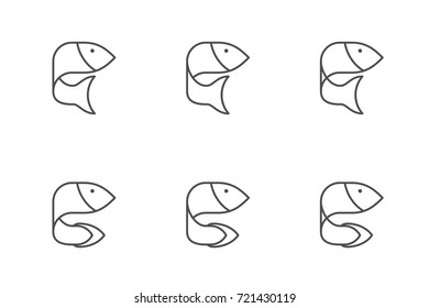 Fish symbol icon set outline stroke design illustration black and white color isolated on white background, vector eps10