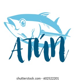 Fish symbol on white background, Vector. Sport fishing club, restaurant, canned, food... logo. Tuna written in spanish. 