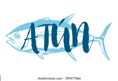 Fish symbol on white background, Vector. Sport fishing club, restaurant, canned, food logo. Tuna written in spanish