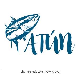 Fish symbol on white background, Vector. Sport fishing club, restaurant, canned, food logo. Tuna written in spanish