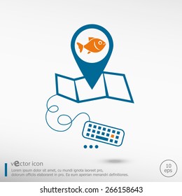 Fish symbol and pin on the map. Line icons for application development, creative process.