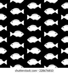 Fish symbol seamless pattern on black background. Vector illustration.