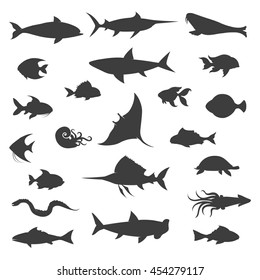 Fish symbol silhouettes. Fishes black vector icons on white background
