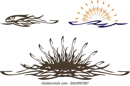 Símbolo de pescado y sol con elementos ondulados para su diseño creativo. Pesca ondulada, soles ondulados de olas e íconos de loto para conceptos de negocio, textiles, impresiones, logotipos, tatuajes, emblemas, bordados, menú de restaurante, etc.