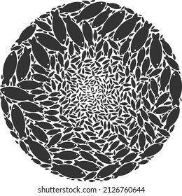 Fish symbols are composed into round collection. Fish icon round mosaic. Abstract round bubble mosaic done with fish symbols.