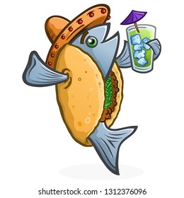 Fish Taco Cartoon Character Holding a Tropical Drink