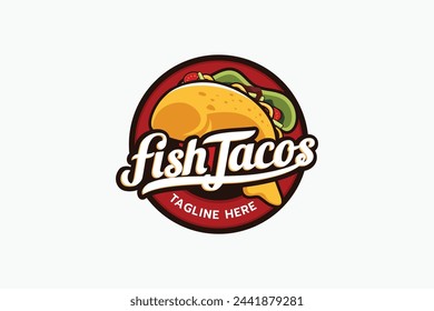 logo de fish tacos con una combinación de taco, pescado y letras hermosas para comida mexicana, restaurantes, cafés, food trucks, etc.