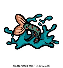 Fish tail coming up from water cartoon  vector illustration