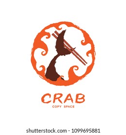 Fish tail holding chopsticks in wave frame circle shape, logo icon set brush design orange color illustration isolated on white background with Crab text and copy space
