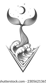 Fish tail in the ocean with star and big waves hand drawn, esoteric  astrological symbol tattoo isolated on white. Vector illustration
