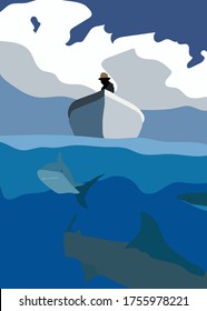 
fish tail in water waves ocean sea marlin illustration vector
shark fin, a man in a boat, a fisherman