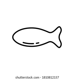 Pescado con cola sin aletas. Icono lineal de la comida marina. Ilustración simple negra para el diseño de envases. Contorsión de emblema vectorial aislado sobre fondo blanco. Logo para el restaurante, menú con platos del océano