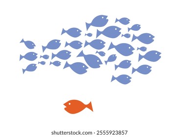 Fish taking different route direction leadership unique vision, conceptual illustration