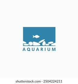 Fish tank aquarium with rocks and fish minimal logo design concept vector illustration