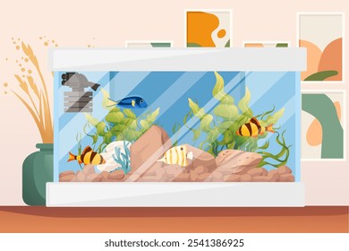 Fish tank with aquatic plants, rocks, and colorful fish, set in a cozy home environment, representing relaxation and pet care. Perfect for home decor and lifestyle visuals. Vector illustration.