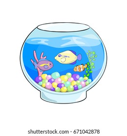 Fish tank cartoon vector illustration. Cute sea animals in aquarium. Glass fish tank with sea animal on white background. Tropical fish and coral in water. Exotic pet or hobby clipart. Marine aquarium