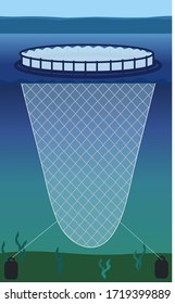 Fish Tank. Grid For Growing Aquaculture. Swimming Pool For Fish Farming In Open Water. Floating Structure With A Net.