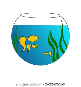 Fish tank illustration. Yellow fish and green plants. Blue water vector scene.