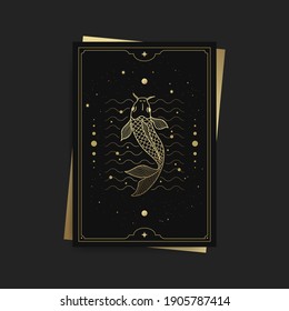 Pescado en tarjetas tarot, decorado con nubes doradas, luna, espacio exterior y muchas estrellas