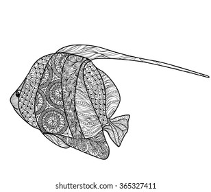Fish tattoo isolated with ornamental hand drawn pattern. Doodle vector illustration of sea and ocean life collection.  Marine life set.