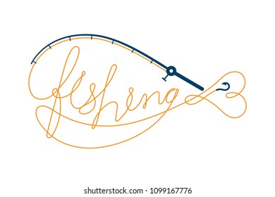 Fish text made from Fishing rod frame Fish shape, logo icon set design orange and dark blue color illustration isolated on white background with copy space