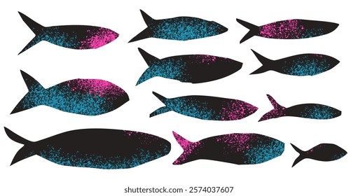 Fish textured set. Sardines school collection. Salmon silhouettes. Undersea animals. Vector hand drawn cutout collage elements illustration isolated on white background.