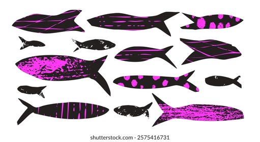 Fish textured set. Sardines school collection. Salmon silhouettes. Undersea animals. Vector hand drawn cutout collage elements illustration isolated on white background.