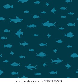Fish themed freehand drawings seamless pattern. Hand drawn fish elements doodles design for wallpapers, wrapping, backgrounds. Vector illustration.