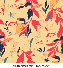 Fish in a thicket of algae on a beige, yellow red color background. Seamless vector pattern. Underwater life. Goldfish in the aquarium. Hand made ink drawing.