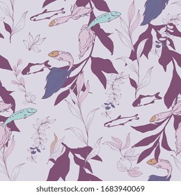 Fish in a thicket of algae on a lilac cream color background. Seamless vector pattern. Underwater life. Goldfish in the aquarium. Hand made ink drawing.