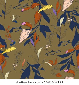 Pescado en un matorral de algas sobre un fondo verde musgo, color canela. Patrón vectorial sin problemas. Vida submarina. Peces de oro en el acuario. Dibujo manuscrito.