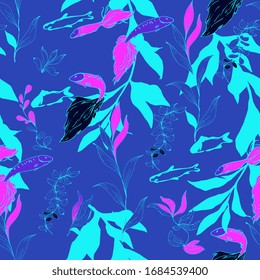 Fish in a thicket of algae on a neon indigo blue color background. Seamless vector pattern. Underwater life. Goldfish in the aquarium. Hand made ink drawing.