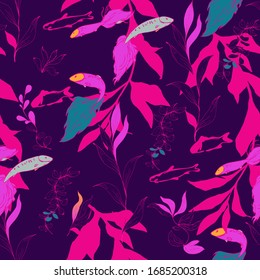 Fish in a thicket of algae on a neon pink, purple, plum color background. Seamless vector pattern. Underwater life. Goldfish in the aquarium. Hand made ink drawing.