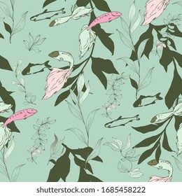 Fish in a thicket of algae on a sage green color background. Seamless vector pattern. Underwater life. Goldfish in the aquarium. Hand made ink drawing.