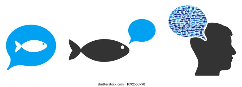 Fish thinking balloon vector illustration set with collage elements filled by fish icons in blue and gray colors. Flat eco style with mosaic items.