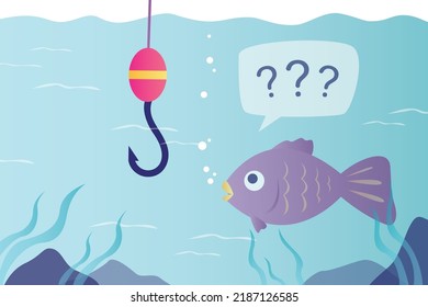 Fish thinks this is money scam or real opportunity to make money. Business risk concept. Fishing rod with hook underwater. Character makes important decision. Risks analysis. Flat Vector illustration