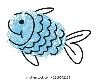 Fisch Daumendruck mit Linienmalerei. Individuelle Persönlichkeit mit Schwanz und Flossen, Wassertier in Wasser des Meeres oder Ozeans. Einfache Zeichnung mit Fingerstempel, Vektorgrafik im Flachstil